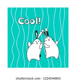 white dancing rabbits on blue background word cool cute childish illustration