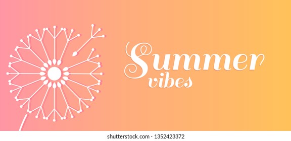 White dandelion blown by wind on pastel pink gradient background. Summer vector illustration.