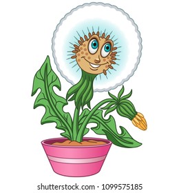 White Dandelion. Fluffy blowball flower. House plant in a pot. Happy cartoon design for kids coloring book, colouring page, t-shirt print, icon, logo, label, patch, sticker.