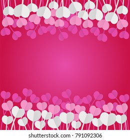 White dandelion heart flying in wind in paper cut style on pink Background for Valentine's day concept