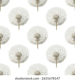 White Dandelion Isolated Flower Realistic Watercolor Botanical Vector Pattern