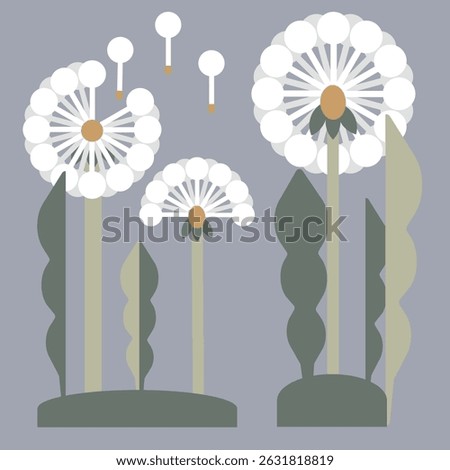 White dandelion and dandelion seeds blowing in the wind, isolated in an editable background.