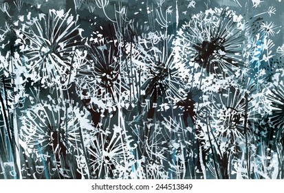 white dandelions on a dark-blue background/ watercolor painting/ vector illustration