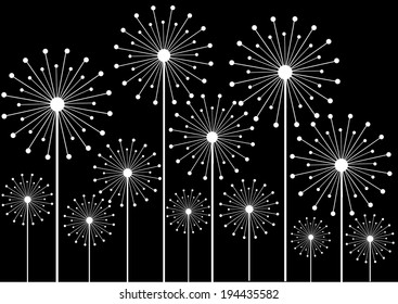 white dandelions silhouettes isolated on black background