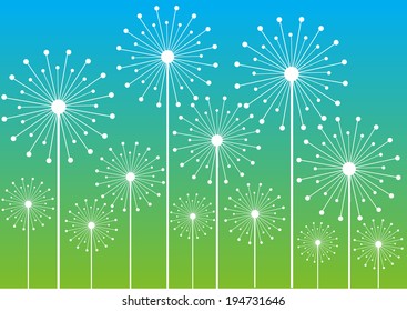 white dandelions silhouettes isolated on bright color background