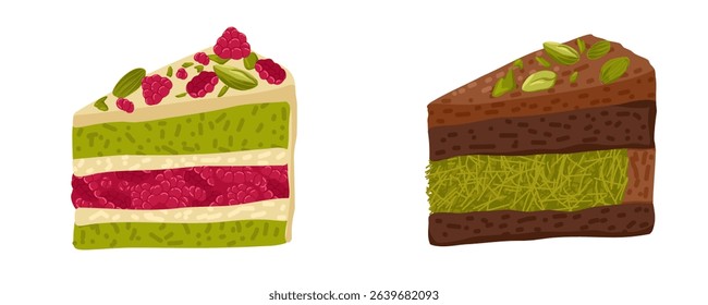 White and dark chocolate layered cake slices with green pistachio flavor and raspberry. Two cheesecakes vector dessert illustration for food packaging, menus, posters, blogs, recipe books