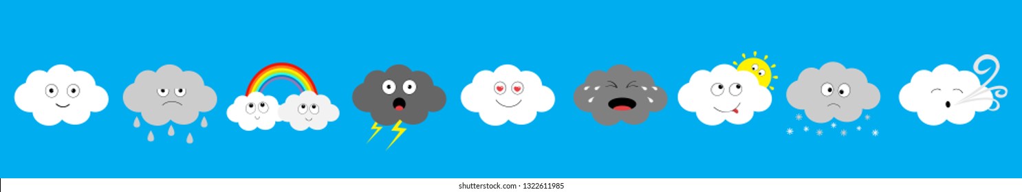 White dark cloud emoji icon set line. Fluffy clouds. Sun, rainbow, wind, rain drop, thunderbolt, storm lightning. Cute cartoon cloudscape. Different emotion Flat design Blues sky background Vector