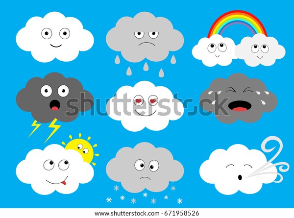 白い黒い雲の絵文字アイコンセット ふわふわした雲 日 虹 雨 雨 風 雷 雷 雷 雷 かわいい漫画の雲景 異なる感情のフラットデザインブルース空の背景 分離型ベクター画像 のベクター画像素材 ロイヤリティフリー