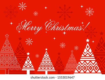white and dark red stylized christmas trees and snowflakes on red background. Vector illustration for card, poster or banner.