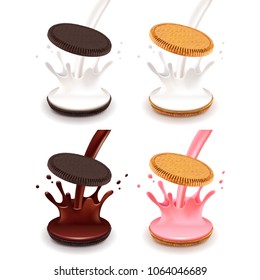 White and dark sandwich cookies with pouring cream splash 3d realistic vector set