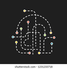 White dash roads route collection with colored station points , city transport way vector illustration. Set of trains ways with point destination.