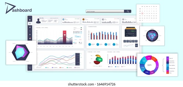White dashboard with detailed interface for UI admin panel. Business infographic template in flat style. Modern dashboard, analytic graphics, infographics and diagrams. Vector illustration