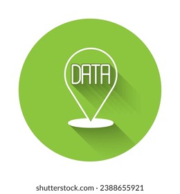 White Data analysis icon isolated with long shadow background. Business data analysis process, statistics. Charts and diagrams. Green circle button. Vector