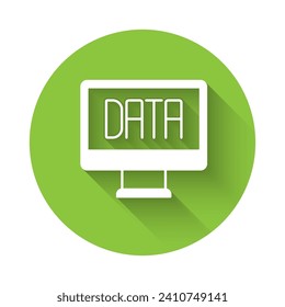 Icono de análisis de datos blancos aislado con fondo de sombra larga. Proceso de análisis de datos empresariales, estadísticas. Gráficos y diagramas. Botón Círculo verde. Vector