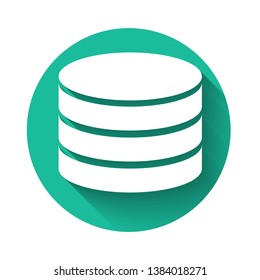 White Database icon isolated with long shadow. Network databases, disc with progress bar. Backup concept. Green circle button. Vector Illustration