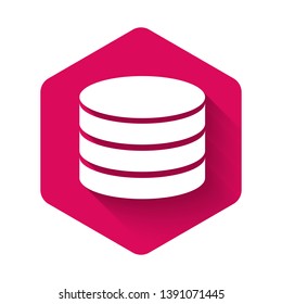 White Database icon isolated with long shadow. Network databases, disc with progress bar. Backup concept. Pink hexagon button. Vector Illustration