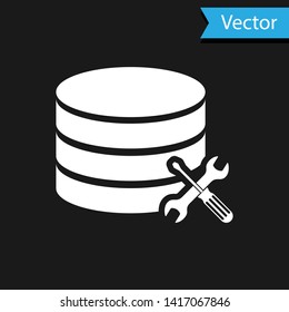 White Database server with screwdriver and wrench icon isolated on black background. Adjusting, service, setting, maintenance, repair, fixing.  Vector Illustration