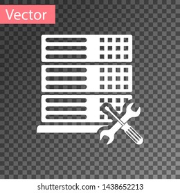 White Database server with screwdriver and wrench icon isolated on transparent background. Adjusting, service, setting, maintenance, repair, fixing.  Vector Illustration