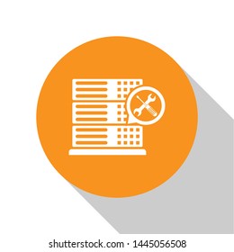White Database server with screwdriver and wrench icon isolated on white background. Adjusting, service, setting, maintenance, repair, fixing. Orange circle button. Vector Illustration