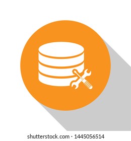 White Database server with screwdriver and wrench icon isolated on white background. Adjusting, service, setting, maintenance, repair, fixing. Orange circle button. Vector Illustration