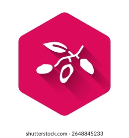 White Date fruit icon isolated with long shadow background. Pink hexagon button. Vector