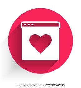 White Dating app online laptop concept icon isolated with long shadow. Female male profile flat design. Couple match for relationship. Red circle button. Vector