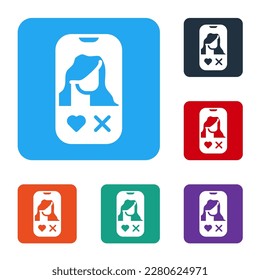 White Dating app online mobile concept icon isolated on white background. Female male profile flat design. Couple match for relationship. Set icons in color square buttons. Vector