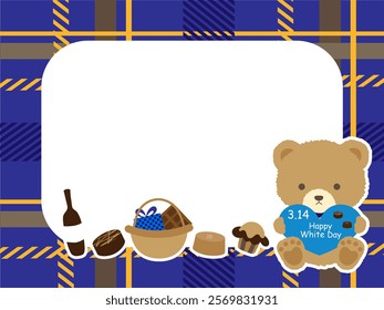 White Day Bear has heart that is written character and checked design frame.