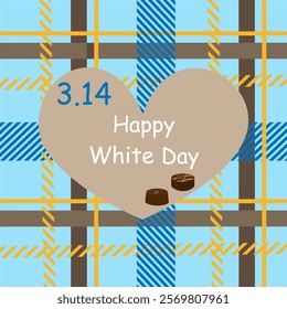 White day big heart, characters and light blue checked pattern.