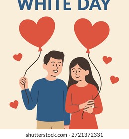 White Day Couple With Balloons Flat Vector