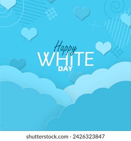 White Day event banner. Bold text with clouds and hearts on light blue background to celebrate on March 14