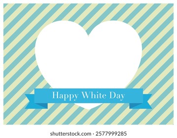 White Day frame with ribbon and transparent heart on blue-green stripes