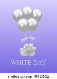 White Day. Gift in a box in the shape of a heart. Flying balloons. Vector illustration