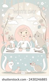 White Day greetin card, poster, March 14, Girl with Cats celebrating White Day, vector illustration