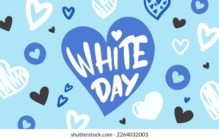 Ilustración vectorial del afiche de la tarjeta de felicitación del Día Blanco. Fondo del patrón de doodle cardíaco.