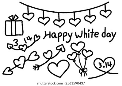 White Day hand-drawn material set, monochrome