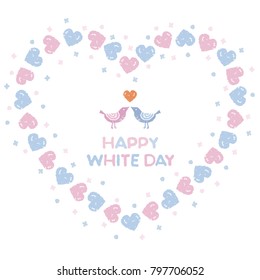 White day, heart shaped wreath with hearts and birds loving each other