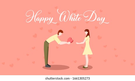 White day, March 14 after valentine day. Man give gift or chocolate back to the woman, boy and girl. Vector illustration. Flat design