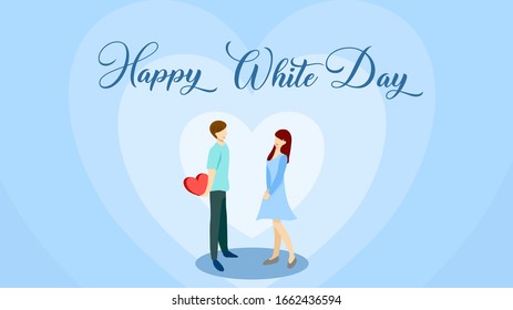 White day, March 14 after valentine day. Man give gift or chocolate back to the woman. Light blue heart background.Vector illustration. Flat design