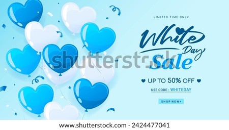 White Day Sale template vector illustration. Blue heart balloons with confetti