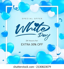 White Day Sale Vector design. Realistic balloon hearts frame on blue pattern background