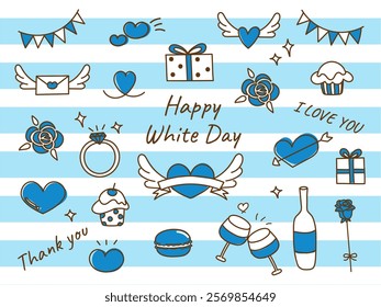 White Day set icons heart, flowers and gifts.