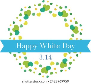 White Day title illustration of a circle made of green and yellow hearts and a light blue ribbon.
