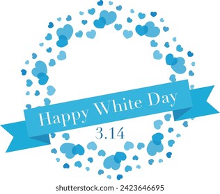 White Day title illustration of cool blue heart circle and ribbon