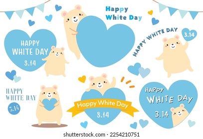 White Day title illustration set with cute white teddy bear and blue heart frame