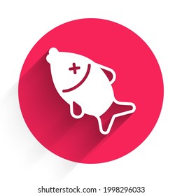 Icono de pez blanco muerto aislado con sombra larga. Botón de círculo rojo. Vector