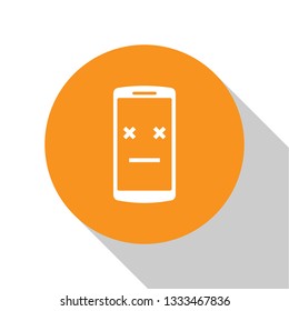 White Dead phone icon isolated on white background. Deceased digital device emoji symbol. Corpse smartphone showing facial emotion. Orange circle button. Flat design. Vector Illustration