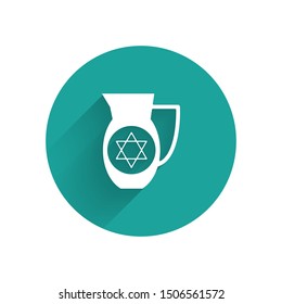 White Decanter with star of david icon isolated with long shadow. Pottery jug. Organic product in carafe. Green circle button. Vector Illustration