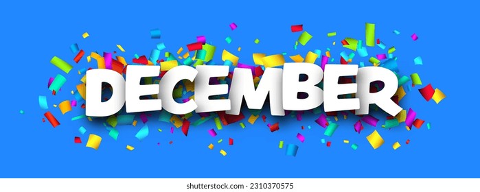 White December word over colorful cut out ribbon confetti on blue background. Design element. Vector illustration.