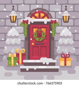 White decorated Christmas porch with fir trees and presents. Holiday home decor flat illustration